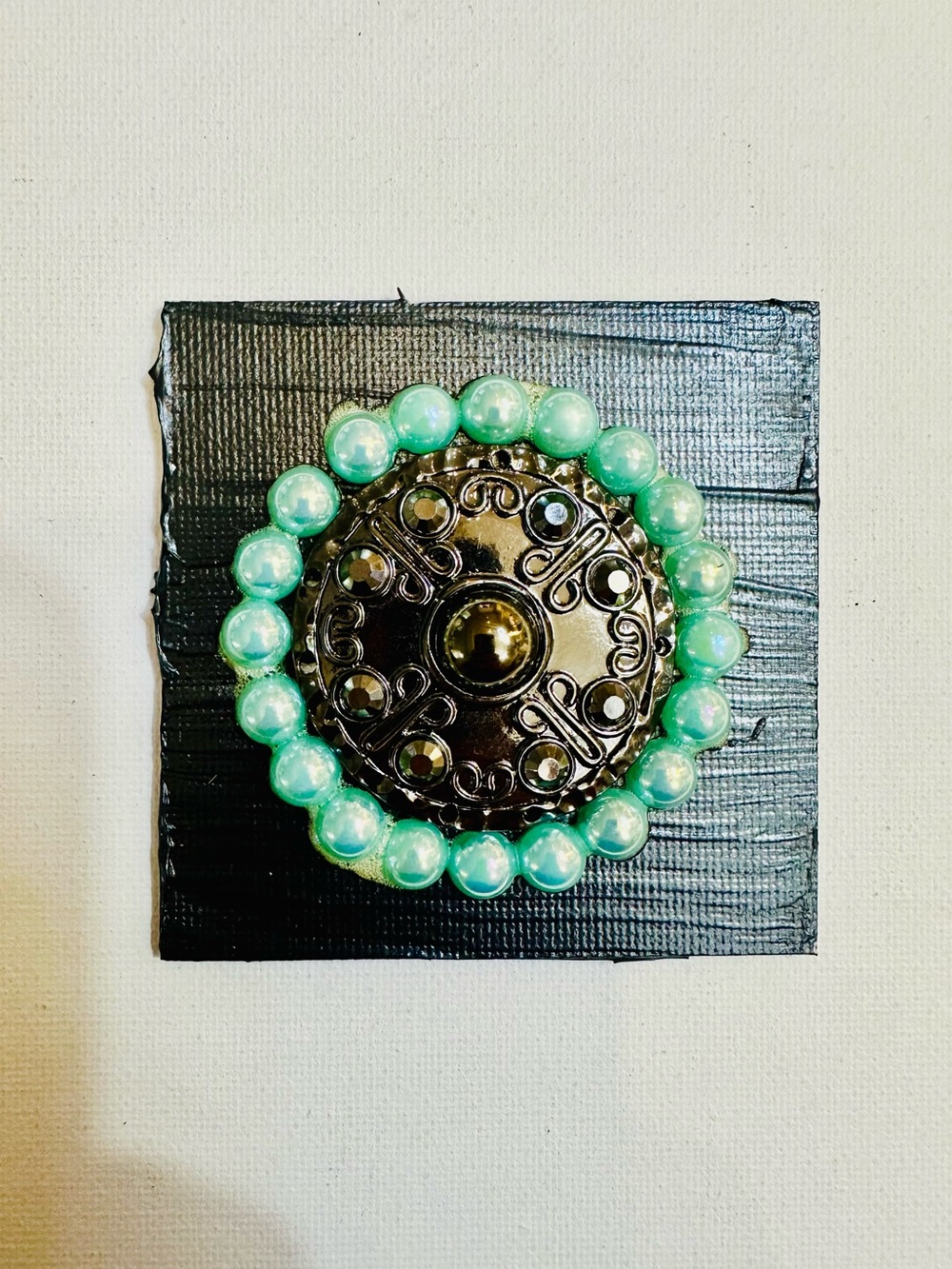 Handmade 3x3 Mixed Media Magnet Aqua Pearls & Ornate Gold